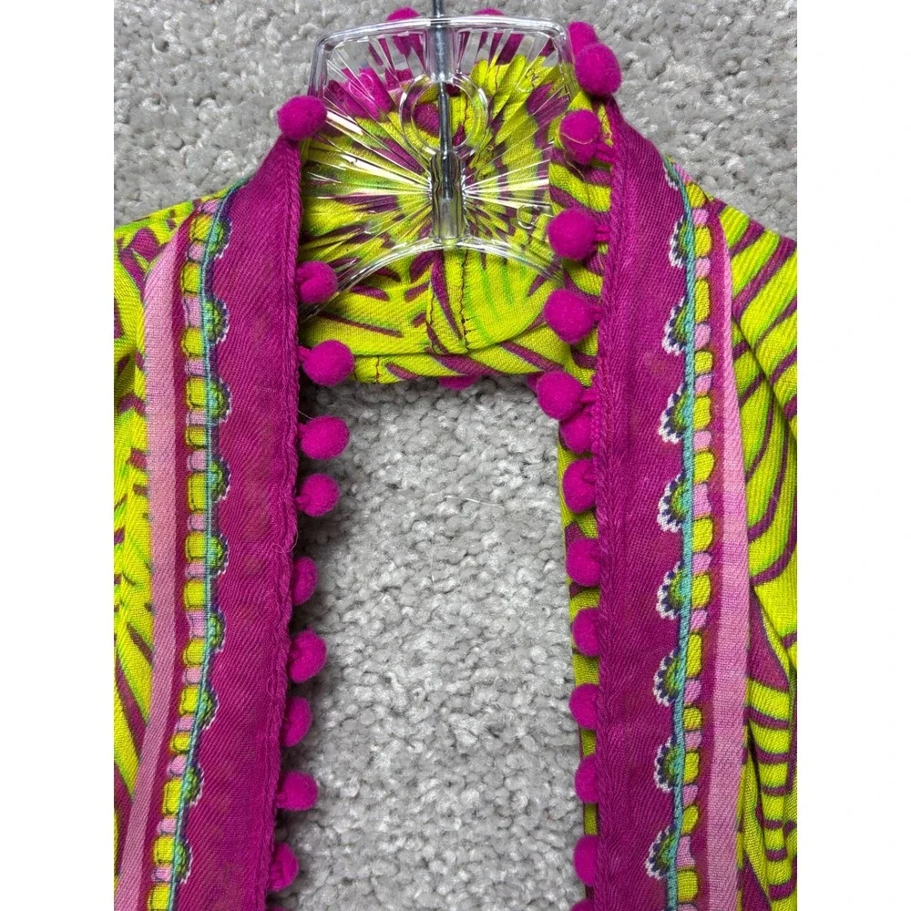 Vera Bradley‎ Palm Fronds Embellished Infinity Scarf Pink Lime Green Pom Pom NWT